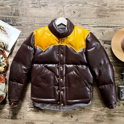 Mens Black Yellow Genuine Leather Lambskin Quilted Down Puffer Jacket  - Image 1 of 4