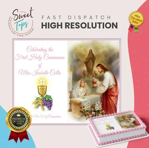 ON YOUR FIRST HOLY COMMUNION RECTANGLE EDIBLE CAKE TOPPER PERSONALISED - Picture 1 of 1
