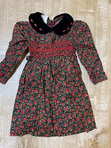 Vintage Polly Flinders Kids Girls Dress 4T Floral Long Sleeves Collared Red Rose - Picture 1 of 4