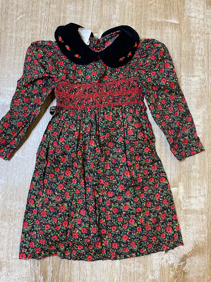 Vestido Vintage Polly Flinders Niños Niñas 4T Floral Mangas Largas Cuello Rojo Rosa Foto 1 de 4