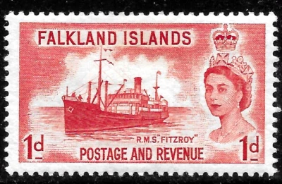 FALKLAND ISLANDS  1955-57 QE2 SG#188 MLH OG VF SHIP R.M.S. Fitzroy 1d - Image 1 of 2
