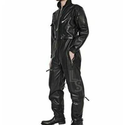 Sexy Black REAL 100% Cow Leather Working Kink Overall Jumpsuit Catsuit, For Men - Image 1 of 4