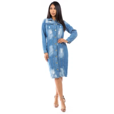 Long Denim Ripped Jacket Duster Coat Distressed Button Down Women's dress  L - Image 1 of 4
