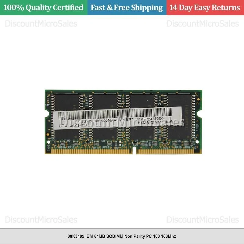 08K3409 IBM 64MB SODIMM Non Parity PC 100 100Mhz - Image 1 of 1