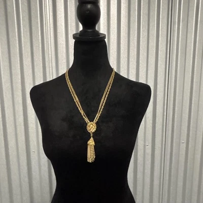 Collar Vintage Kramer Tono Oro Borla Multi Cadena Filigrana Colgante Largo Estado Foto 1 de 4