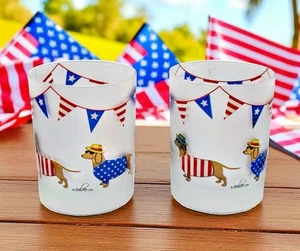Culver Frosted Patriotic Dachshunds Double Old Fashioned 2 Glass Set NEW IN BOX - Picture 1 of 6
