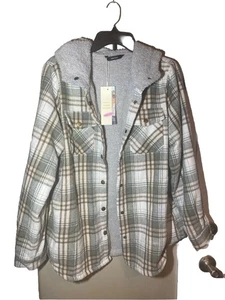 Dokotoo Damen Flanell Karo Shacket Jacke Langarm Knopf Fleece Kapuze - Bild 1 von 6