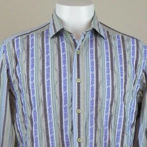 Robert Graham Large Mens Shirt Flip Cuff Striped  Embroidered Green Buttons  - Picture 1 of 5