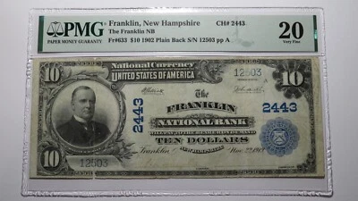 $10 1902 Franklin New Hampshire NH National Currency Bank Note Bill #2443 VF20 - Image 1 of 4