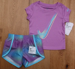 Nike Girl 2 Piece T-Shirt & Shorts Set ~ Purple, Aqua, Yellow ~ DRI-FIT - Picture 1 of 3