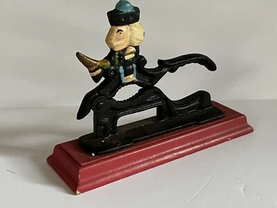 Vintage Cast Iron Metal Nutcracker Red Wood Base Pecan Walnut Soldier Christmas - Image 1 of 4