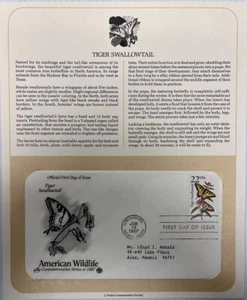 American Wildlife Mail Cover FDC & Info Sheet Tiger Swallow Tail Butterfly 1987 - Picture 1 of 3