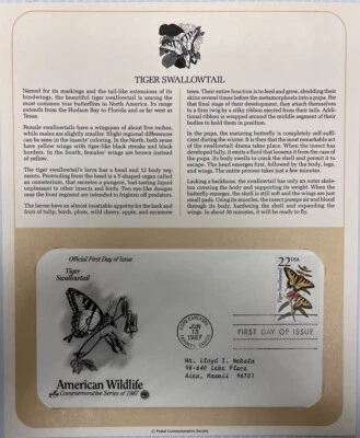 American Wildlife Mail Cover FDC & Info Sheet Tiger Swallow Tail Butterfly 1987 - Image 1 of 3