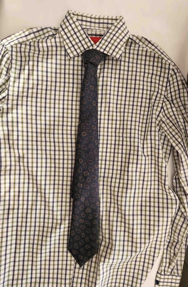 Isaia Napoli - Camisa de algodón blanca con cuadros azules y verdes - Talla 16,5/42 Foto 1 de 4