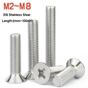 Phillips Machine Screws Countersunk Flat Head Bolt A4 Stainless M2M2.5M3M4M5M6M8 - Picture 1 of 6