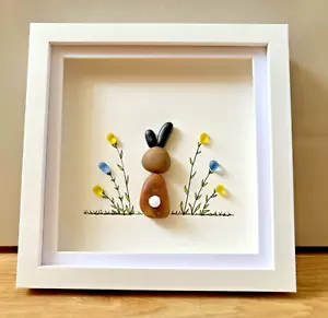 Sea Glass Pebble Art Bunny Rabbit & Flowers, Framed Picture, Unique Gift - Picture 1 of 6