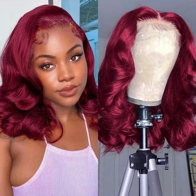 14 in 99J Burgundy Lace Front Bob Wig 200% Density Human Hair for Black Women - Image 1 of 4