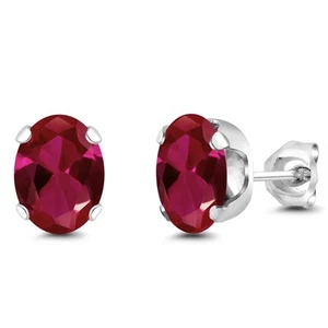 Red Created Ruby Stud Earrings For Women | 3.00 Cttw | Oval 8X6MM - Picture 1 of 4