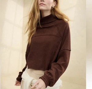 AERIE chocolate brown turtleneck Crop sweatshirt size M medium NEW NWT - Picture 1 of 5