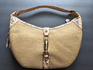 New ERIC JAVITS Hobo Bag Purse Tan Woven Straw, Studded Snake Style Leather - Picture 1 of 15