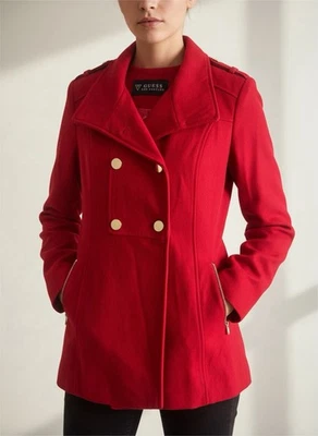 Abrigo Guess Mezcla Lana Guisante Mujer Talla M Rojo Doble Pecho Completamente Forrado Babydoll Foto 1 de 4
