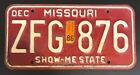 Missouri 1986 License Plate # ZFG 876