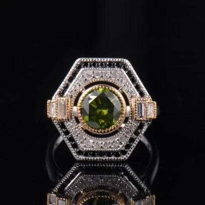 Anillo redondo de diamantes naturales con bisel de turmalina verde de 7,5 mm de oro sólido de 14 K en dos tonos Foto 1 de 4