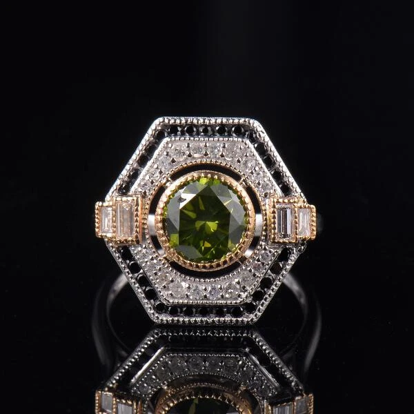 Anillo redondo de diamantes naturales con bisel de turmalina verde de 7,5 mm de oro sólido de 14 K en dos tonos Foto 1 de 4