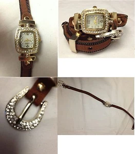 Orologo Dorato con Strass con cinturino in Pelle Marrone - Usato - Donna - Picture 1 of 1