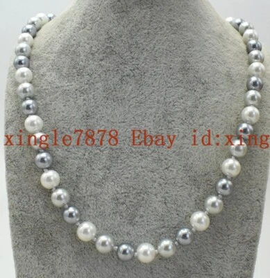 Natural 8/10/12mm White Gray Black South Sea Shell Pearl Gemstone Necklace 20'' - Image 1 of 4