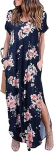 Huskary Summer Maxi Dress Loose Pockets Long Dress Short Sleeve Split Size XS - Picture 1 of 5