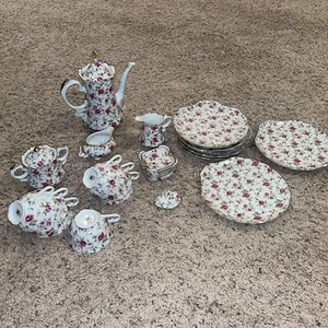 Vtg 24 Piece Lefton China Rose Chintz Coffee Pot Creamer & Sugar Bowl 600 Series - Picture 1 of 8