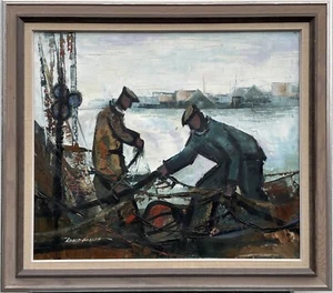 Roald Hansen 1938-2018 trabajadores portuarios pescadores redes barco industria pintura al óleo 87x77 cm - Imagen 1 de 18