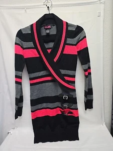 Womens Y2K Sweater With Buckles Size M V-Neck Stripes Black Pink Grey 28" Long - Picture 1 of 12
