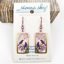 Sienna Sky Earrings Two Purple Birds in Gold Branch Purple Cherry Tree Handmade
