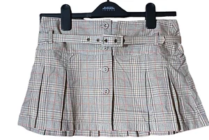 Topshop Skirt Small Beige Buttons Belt Hipster Check Pleated Size 8 - Picture 1 of 7
