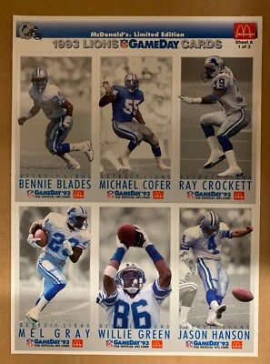 20) JASON HANSON Detroit Lions 1993 McDonald's GameDay FULL SHEET Card LOT - Image 1 of 2