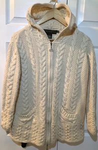 Inis Crafts Merino Wool Cable Knit Sweater Full Zip Hooded Sz M Ireland White - Picture 1 of 9