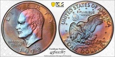 1973-S Eisenhower Dollar CLAD PR69 DCAM PCGS UNC Details Monster Rainbow Toning - Image 1 of 4