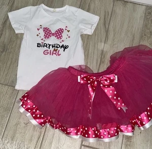 Disney Minnie Mouse Birthday Girl T-Shirt and Tutu Skirt Set Pink Polka Dots  - Picture 1 of 10