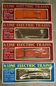 K-LINE O/O27 Scale Lot of 4 Freight Cars-1 Reefer, 2 Boxcars, 1 Boom Car-NEW - Picture 1 of 19
