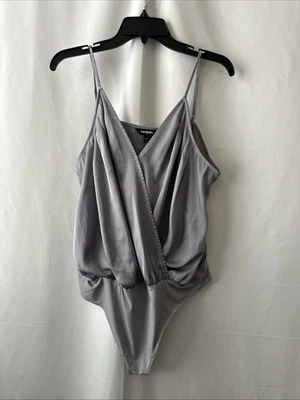 Express Womens Bodysuit Top Spaghetti Strap Plunge V Grey XL #2392 - Image 1 of 4