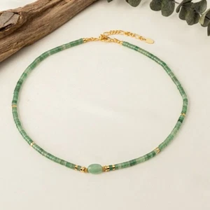 Collar Boho Oro Plano Redondo Natural Verde Aventurina Cuentas Cadena Piedra - Imagen 1 de 5