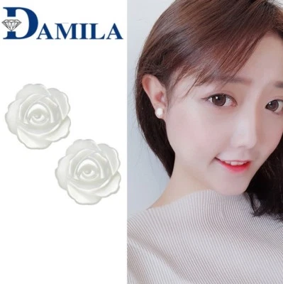 925 Sterling Silver Mother of Pearl Camellia Flower Stud Earrings Women 8mm - Image 1 of 4