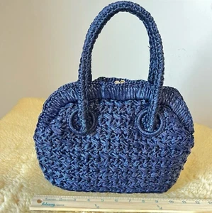 Vintage Retro Straw Purse Handbag Top Handle made in Japan Midnight Blue - Picture 1 of 5