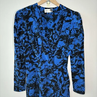 Vintage Dress 10 Midi 80's Blue Black Midi Faux Wrap Retro Whimsygoth Indie Glam - Image 1 of 4