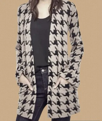 Ann Taylor NWT Houndstooth Open Front  Woolblend Black & Beige Cardi Sweater  L - Image 1 of 4