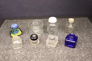 Antique / Vintage Lot of 8 Inkwell / Ink Bottle Cobalt Blue Clear Glass Lids - Picture 1 of 20