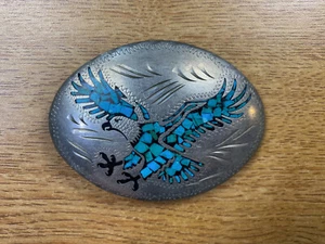 Silver Tone Belt Buckle with Turquoise Color Inlay Eagle - Picture 1 of 3