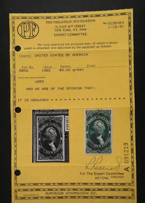 US Revenue Stamp R85a $3 Charter Party Imperforate 1st Issue 1862 w PF Cert - Image 1 of 3